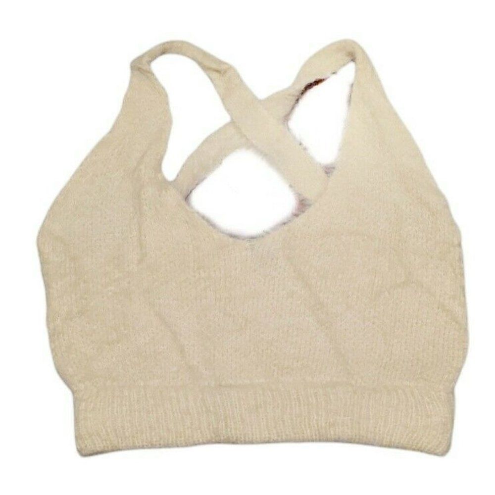 Day & Night Fuzzy Crop Cross‎ Back Tank Bra Top Beige Cream Small NWT IST2124